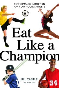 Eat Like a Champion by Jill Castle is pictured. The book cover shows four teen athletes dressed in their uniforms.